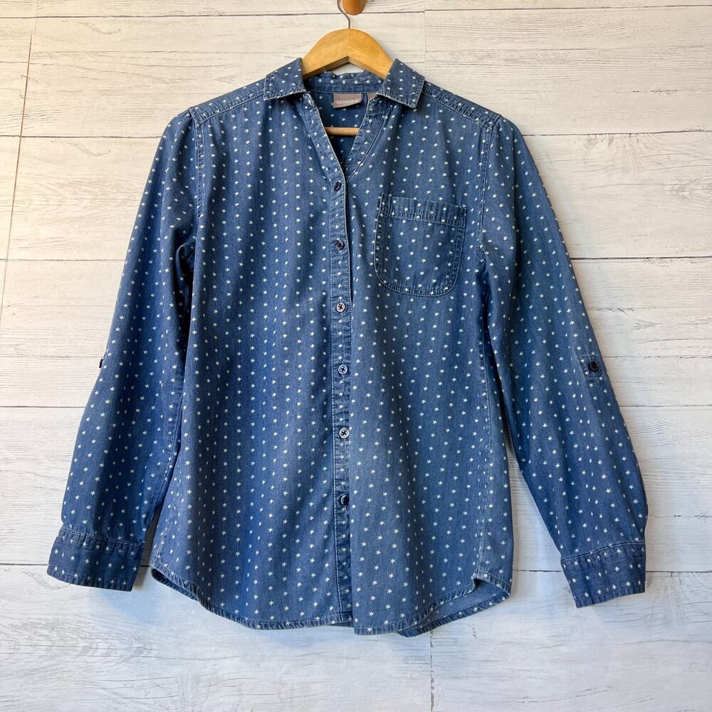 Chicos Shirt Womens Size 0/S Spacey Dot Cozmo Chambray Denim Long Sleeve Cotton - Picture 1 of 16